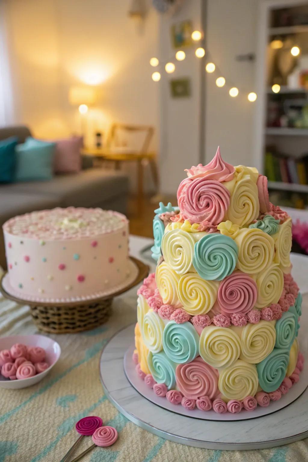 Whimsical twirls and spirals for a fun buttercream cake