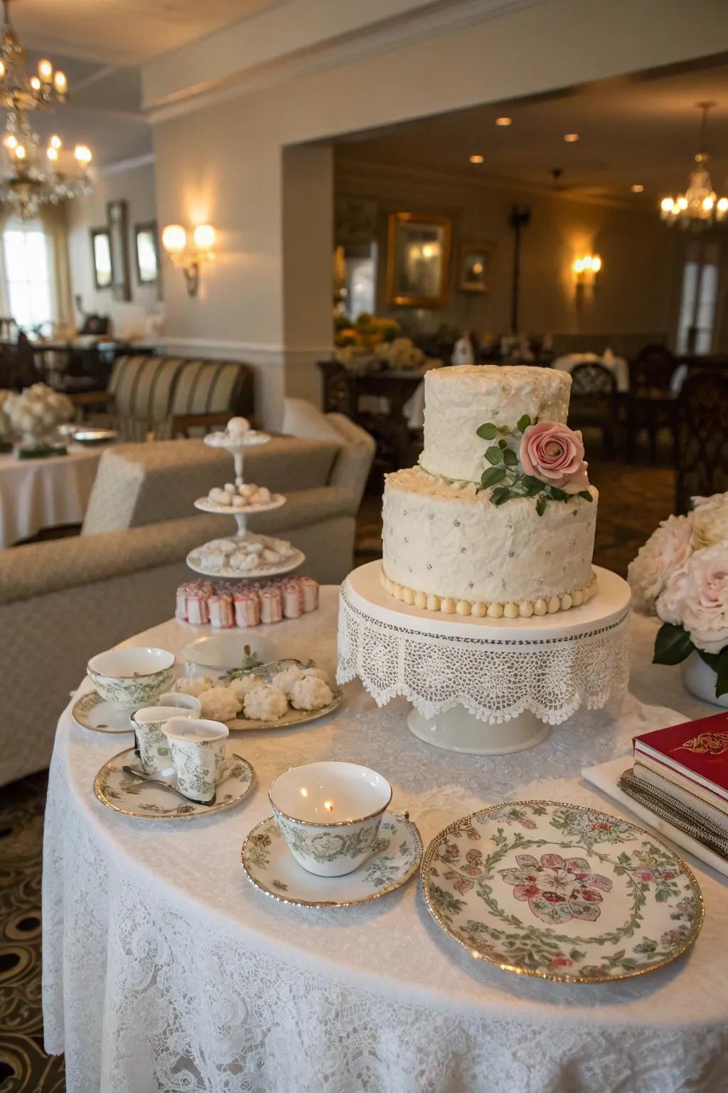 A cake table with vintage elements, radiating timeless elegance and charm.