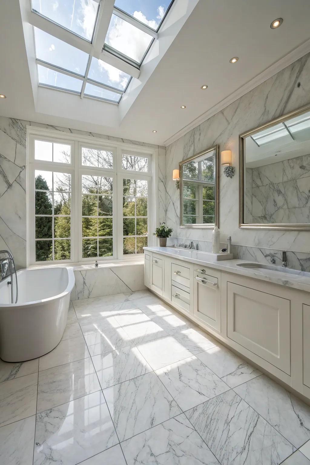 A radiant bathroom saturated with inherent light, exhibiting Luminous Stone slabs.