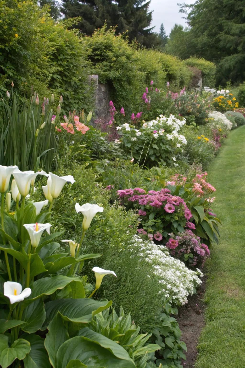 Calla lilies enhancing a matched flower border.