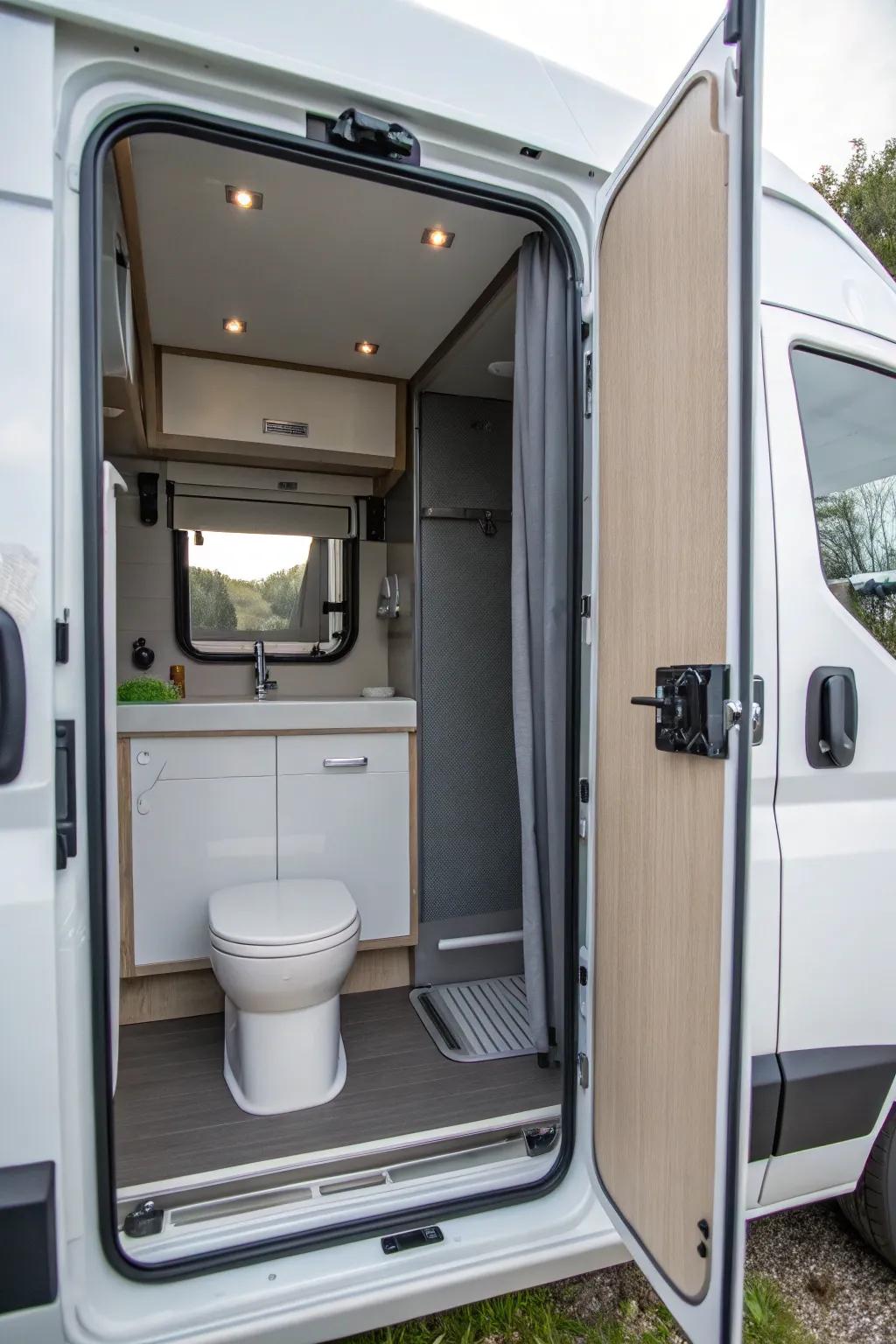 A space-saving gliding door in a camper van bathroom.