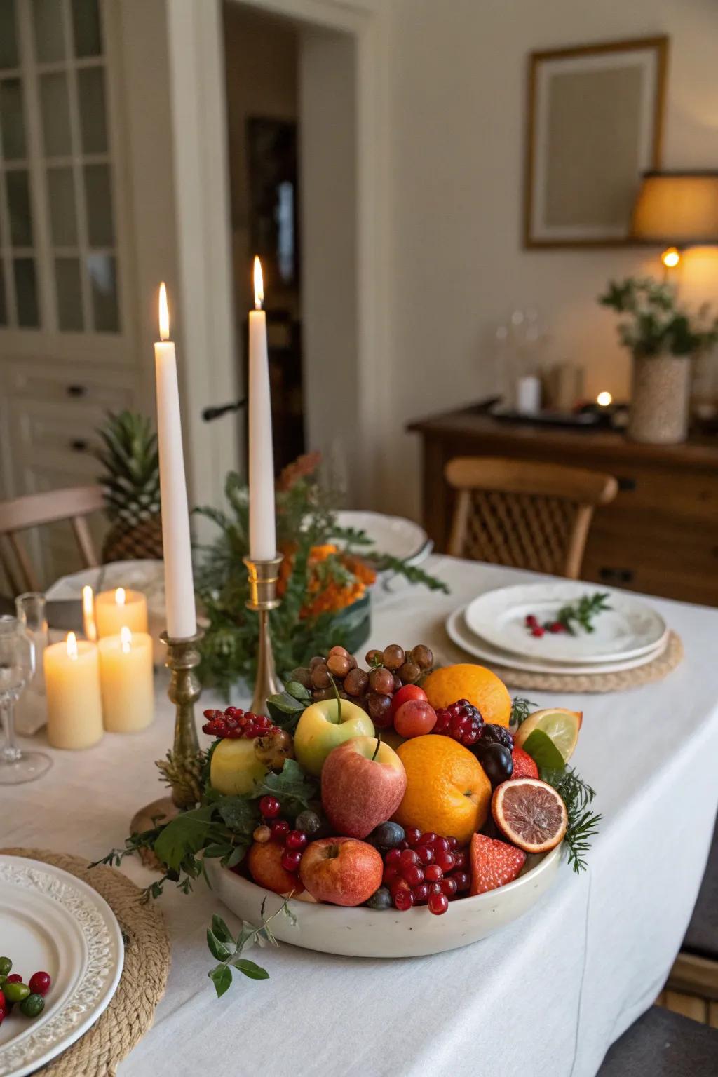 Lights and fruits create a lively and invigorated centerpiece.