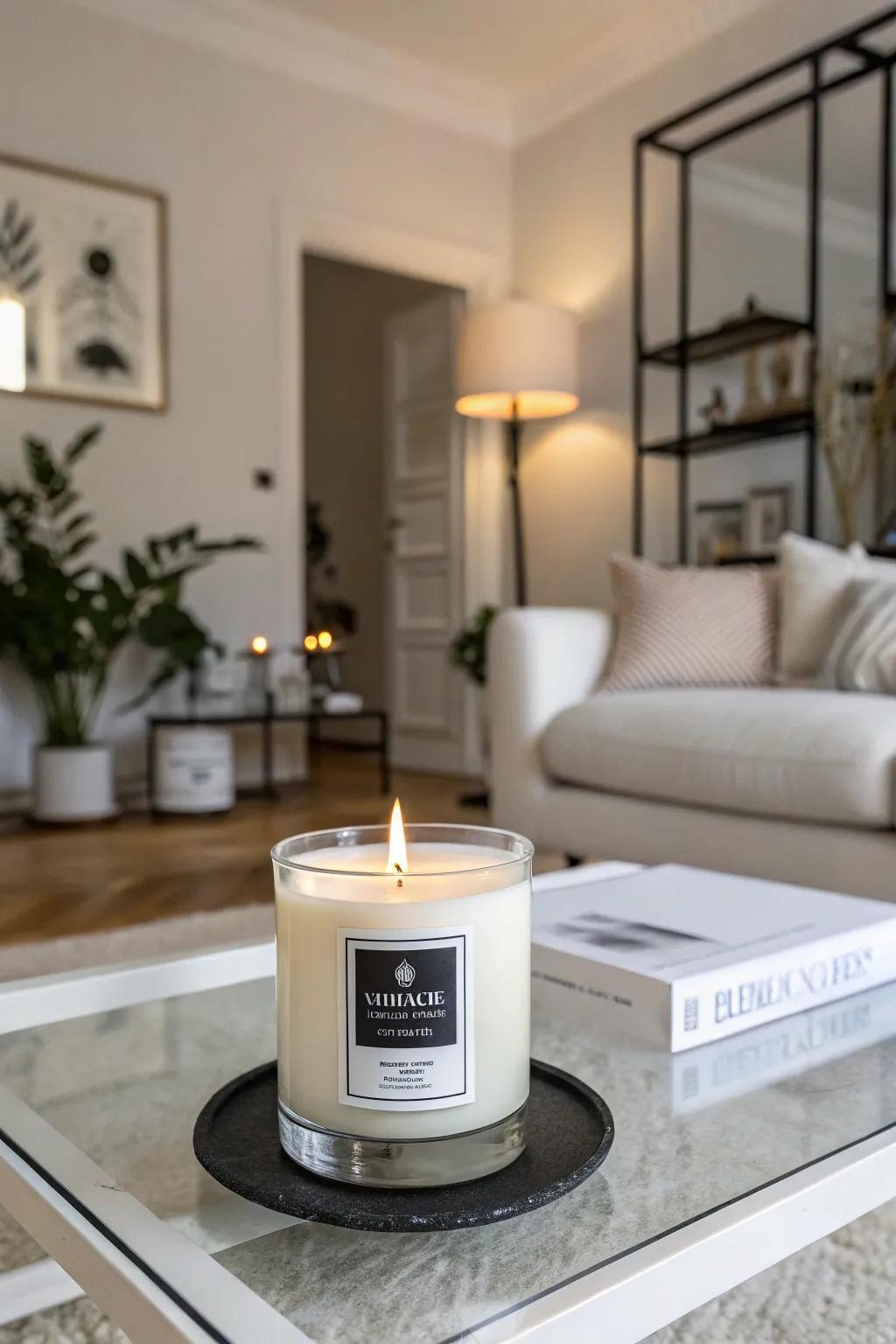 Monochrome candle labels for a streamlined, contemporary vibe.