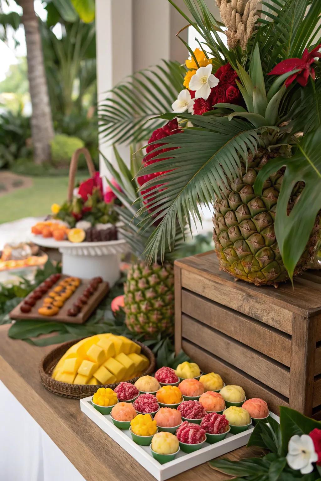 A tropical sweets display that radiates the warmth and vibrancy of a beach getaway.