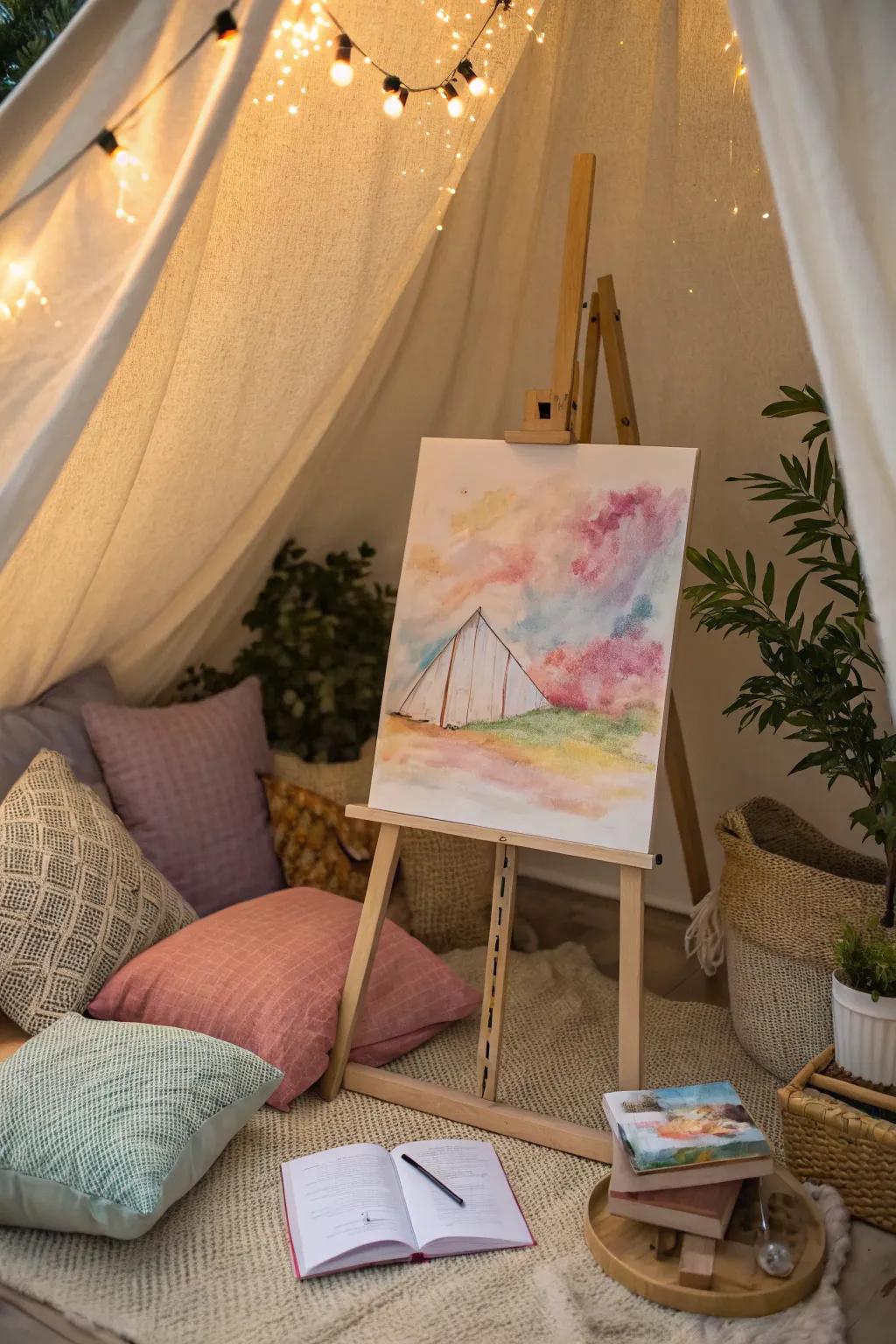 Ethereal watercolor board displayed in a reading nook