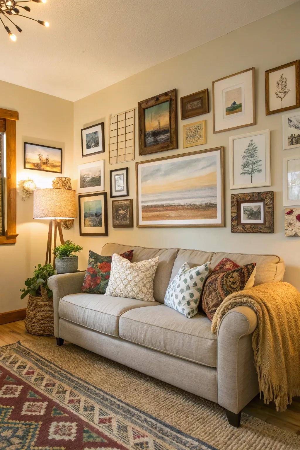 Gallery walls present a curated and personal exhibition of art.