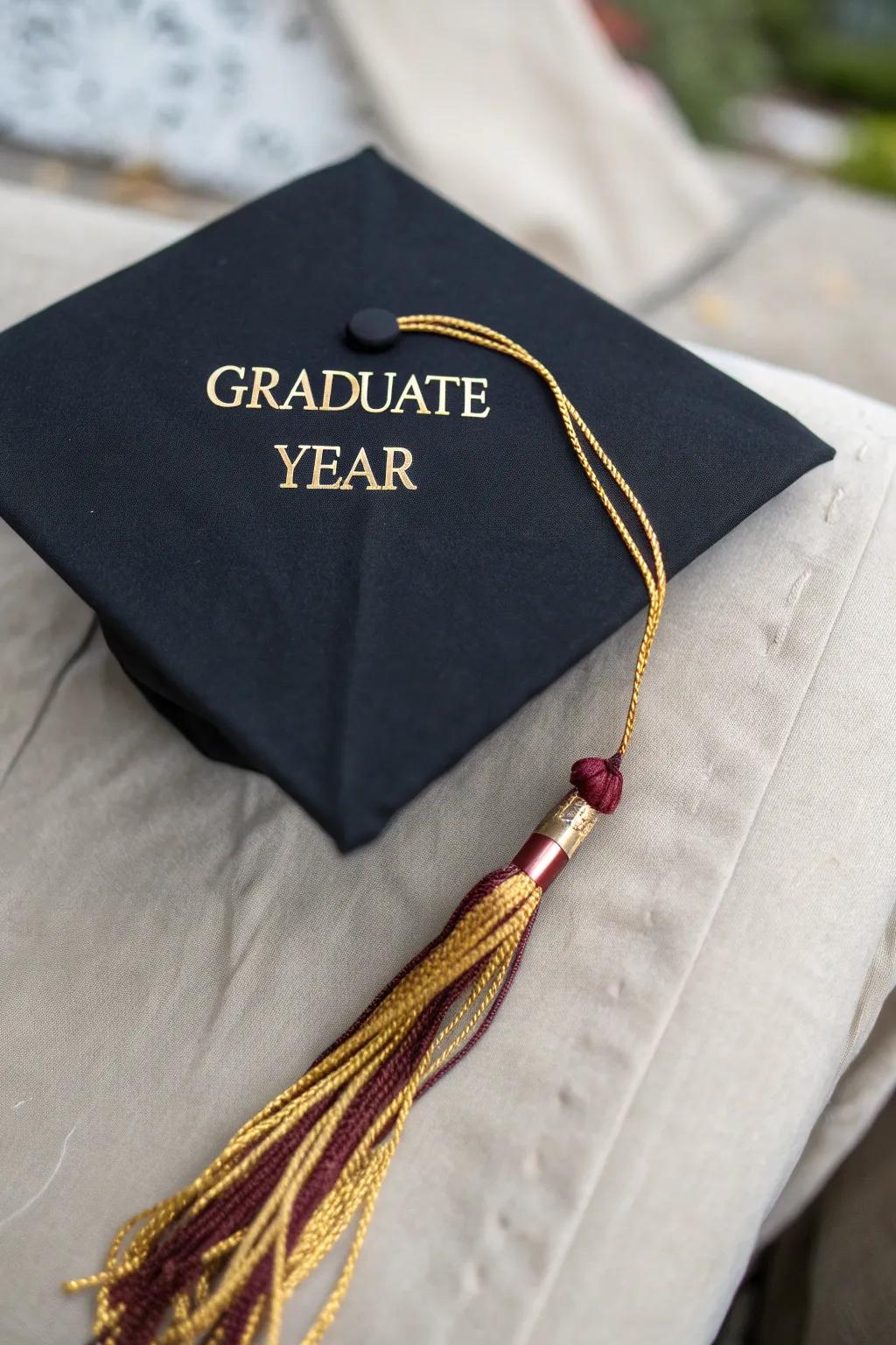 A graduation cap personalized with the graduate's name and year.