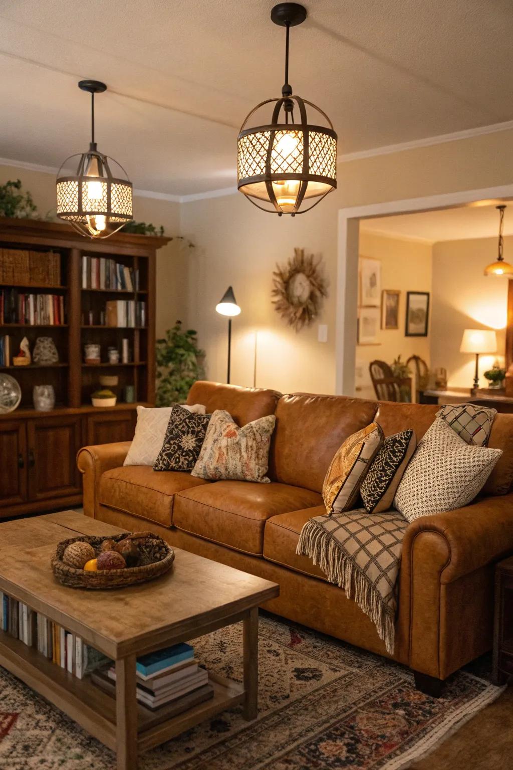 Layered lighting enhances the ambiance of a tawny sofa room.