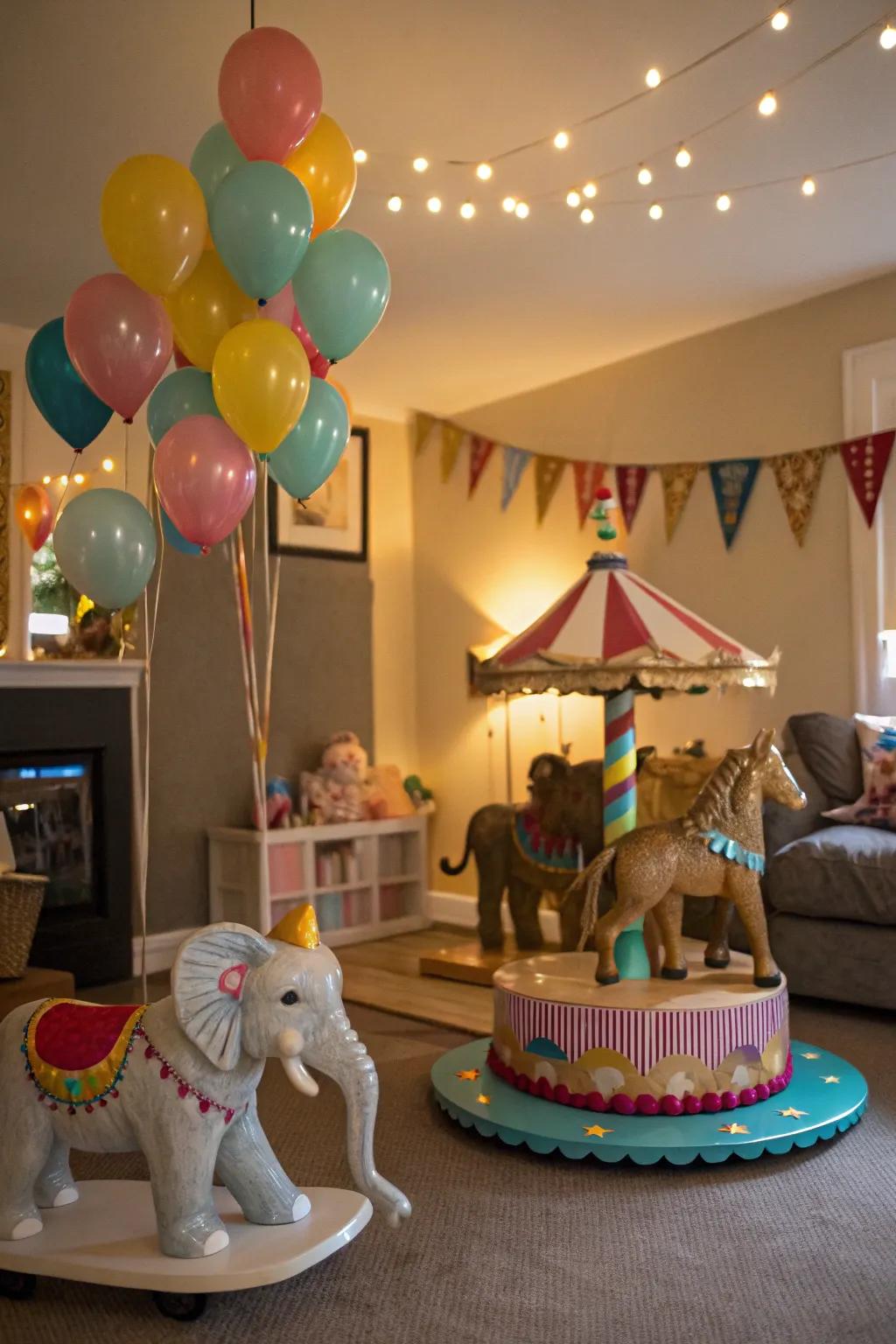 Whimsical accessories add a magical touch to your fairground theme.