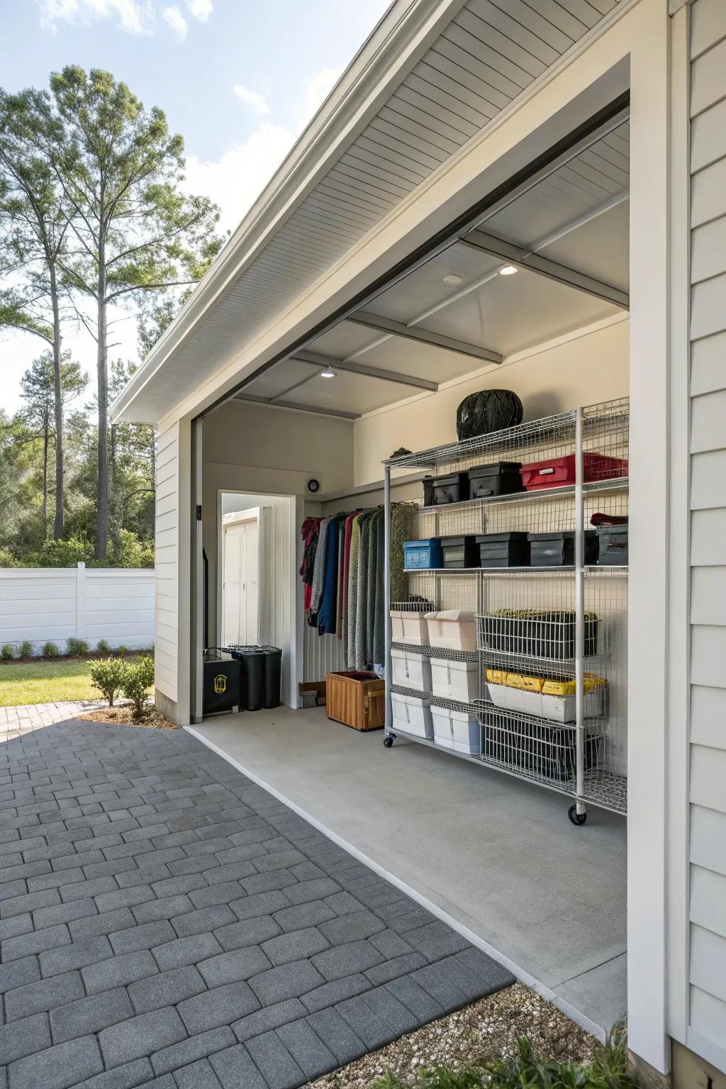 A well-organized carport featuring built-in storage options for optimum functionality.