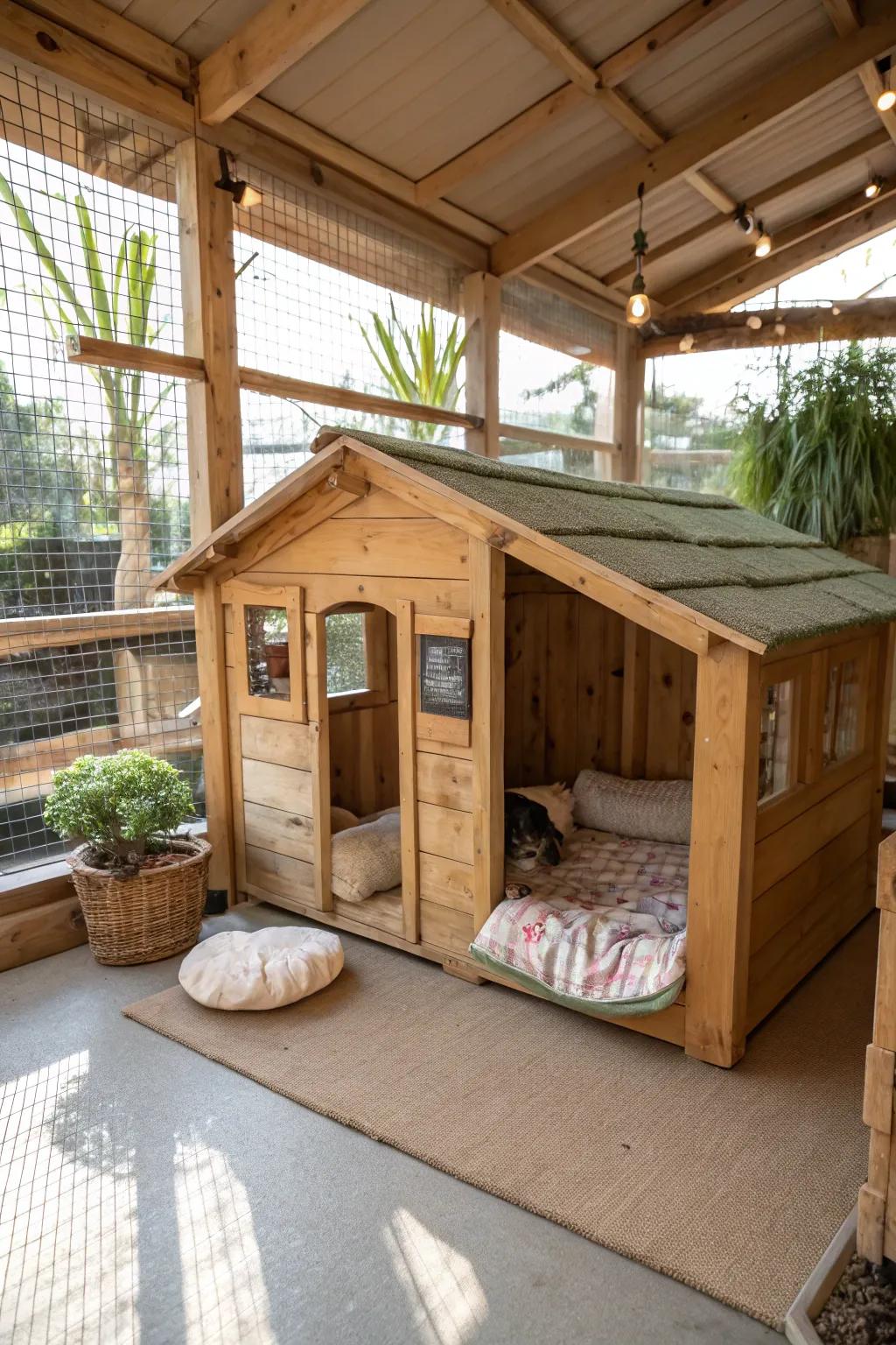 A charming woodland dwelling within a cattery, delivering a snug hideaway for cats.