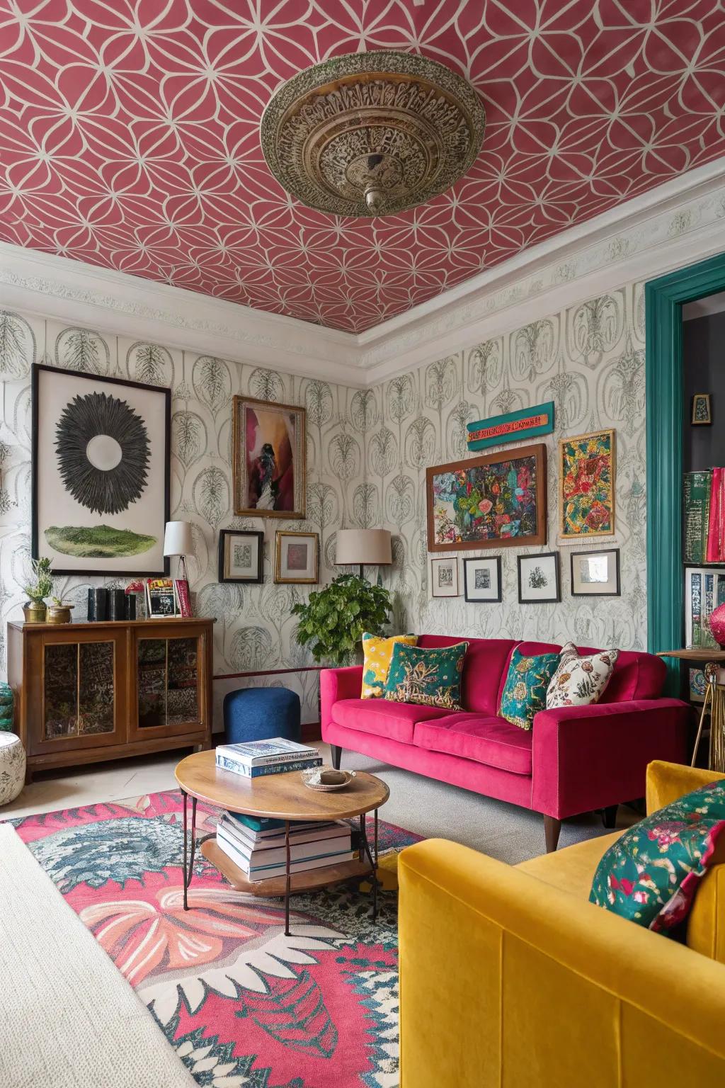 Make a bold statement with a wallpapered ceiling.