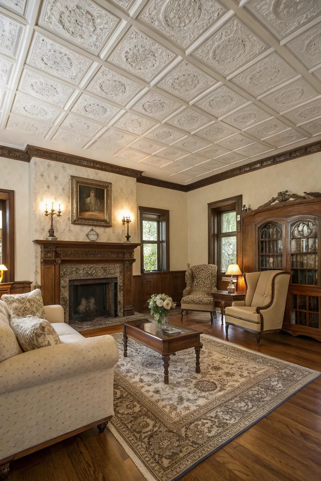 A traditional living room showcases classic ceiling shingles.