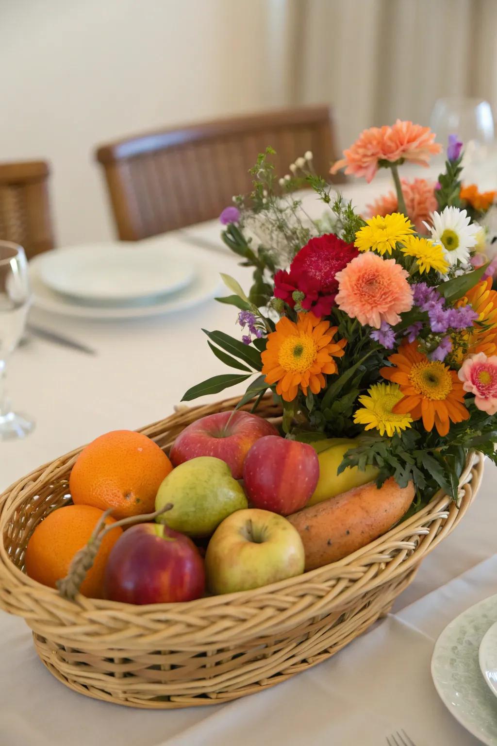 Welcoming and inviting with a woven container centerpiece foundation.
