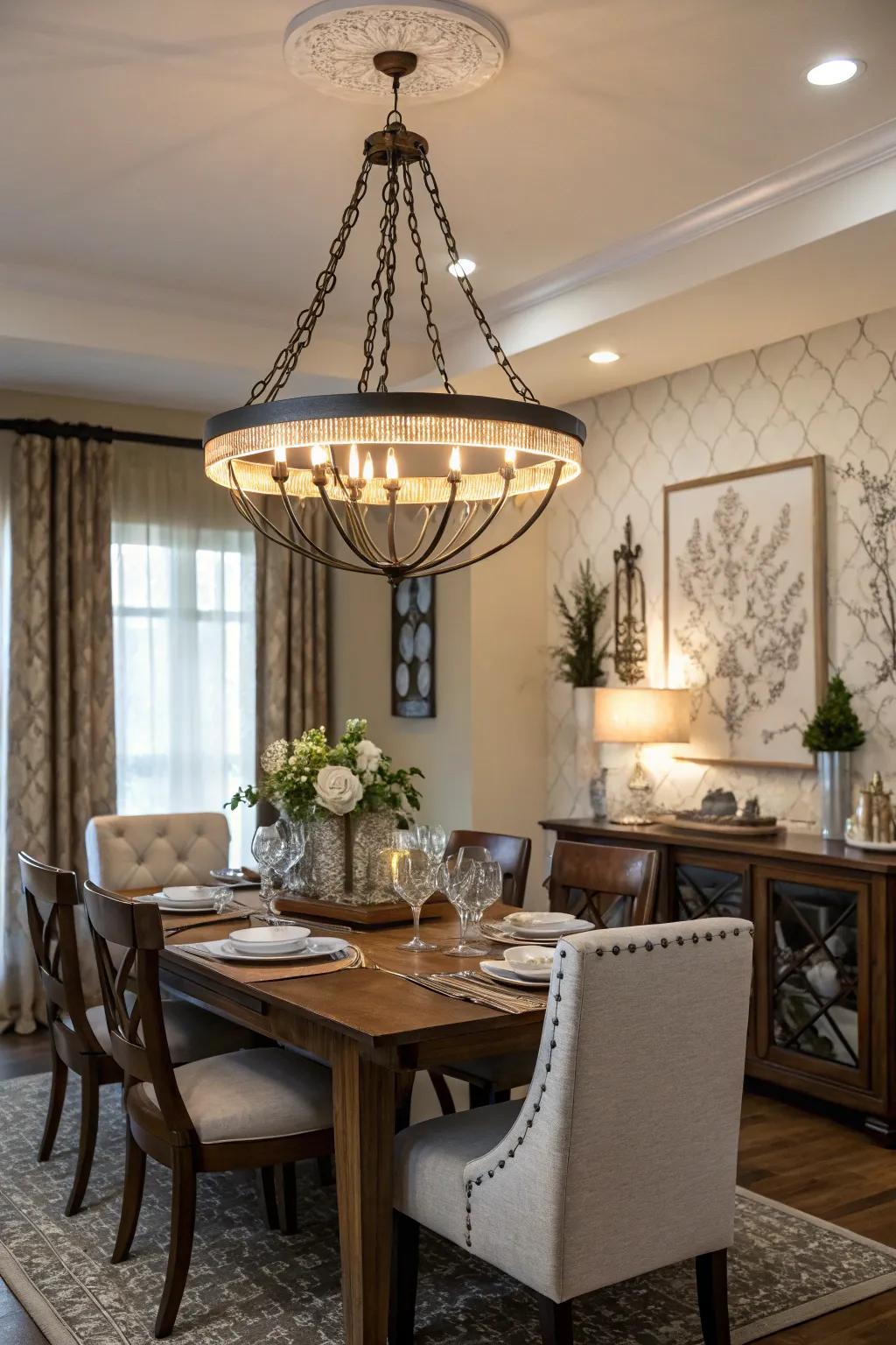 An adjustable chandelier offers flexibility in a versatile dining space.