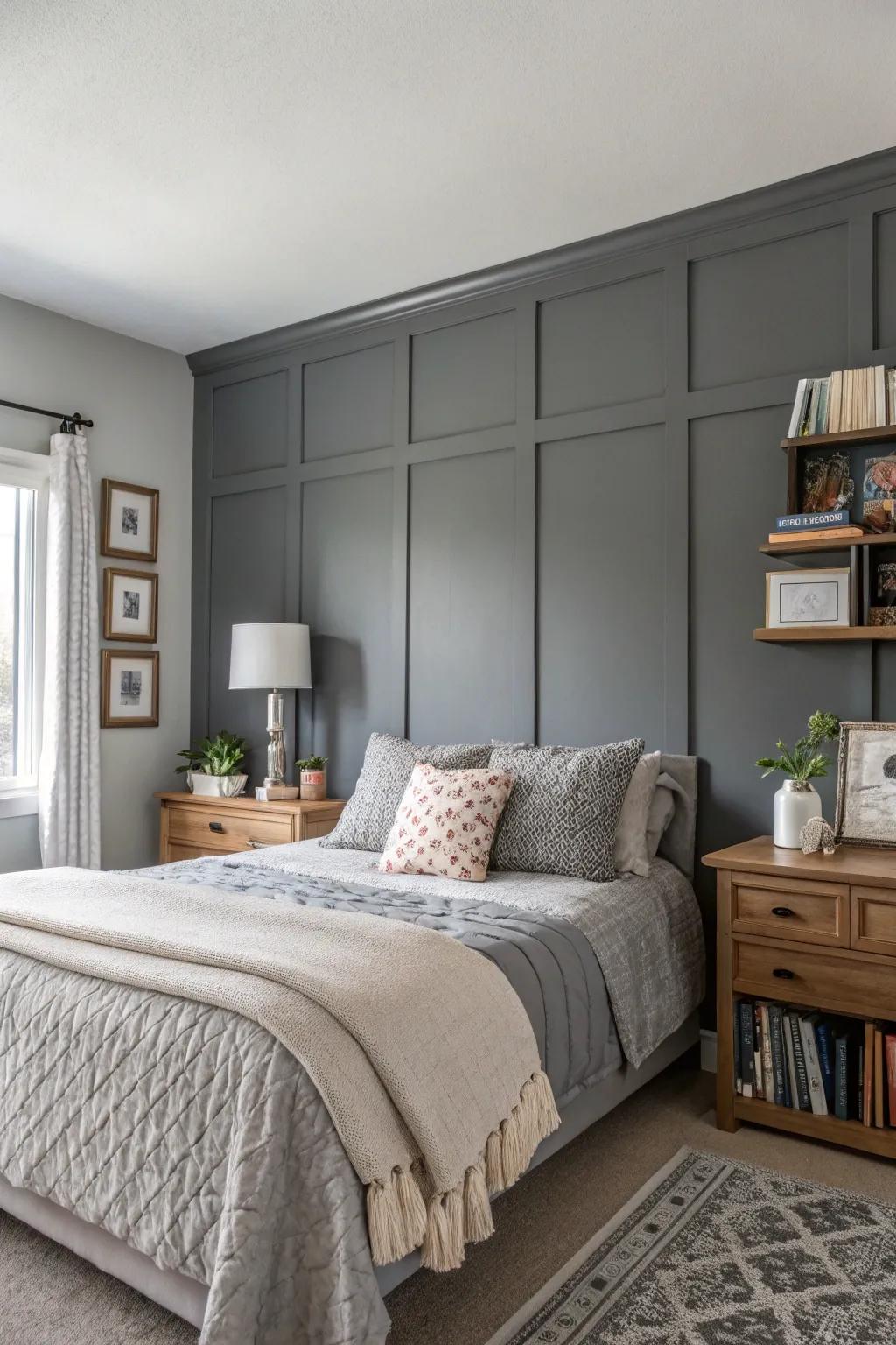A deep gray accent wall adds depth and drama.