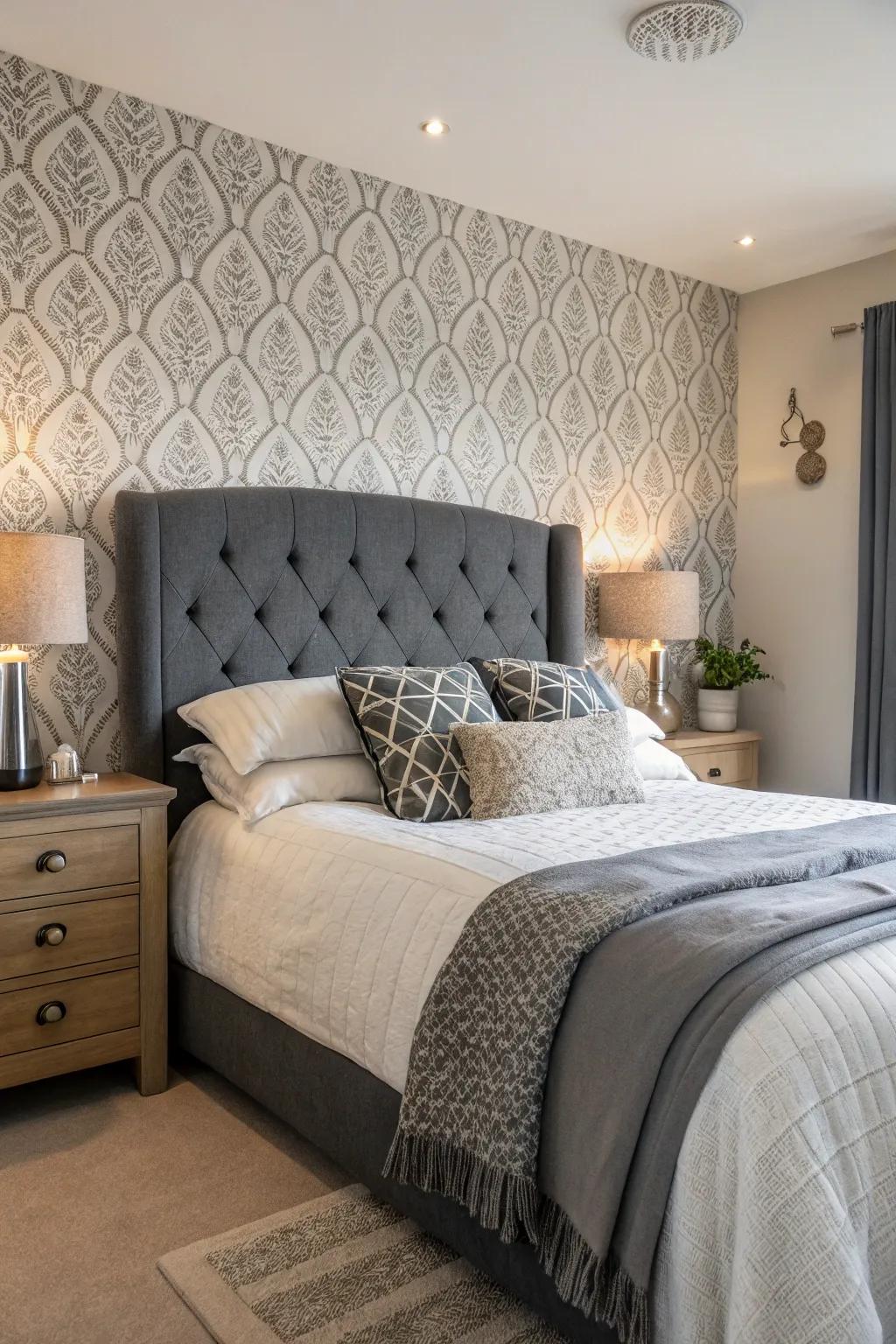 Patterned wall covering presents a stunning setting for a grey headboard.
