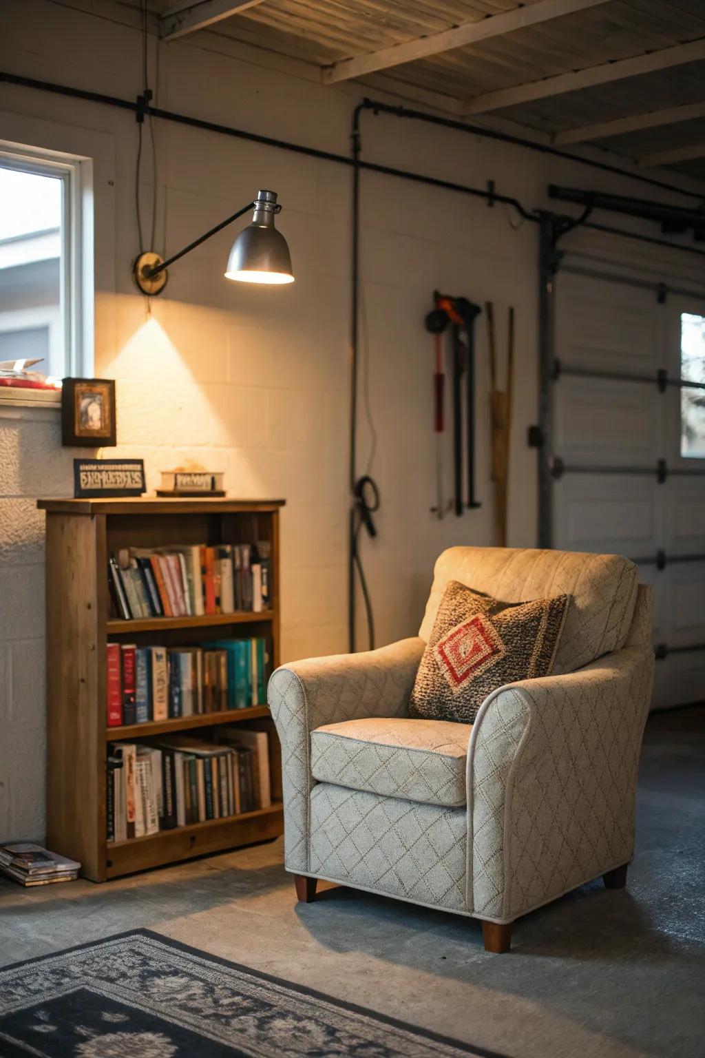 A quiet nook offers a peaceful retreat in the garage.
