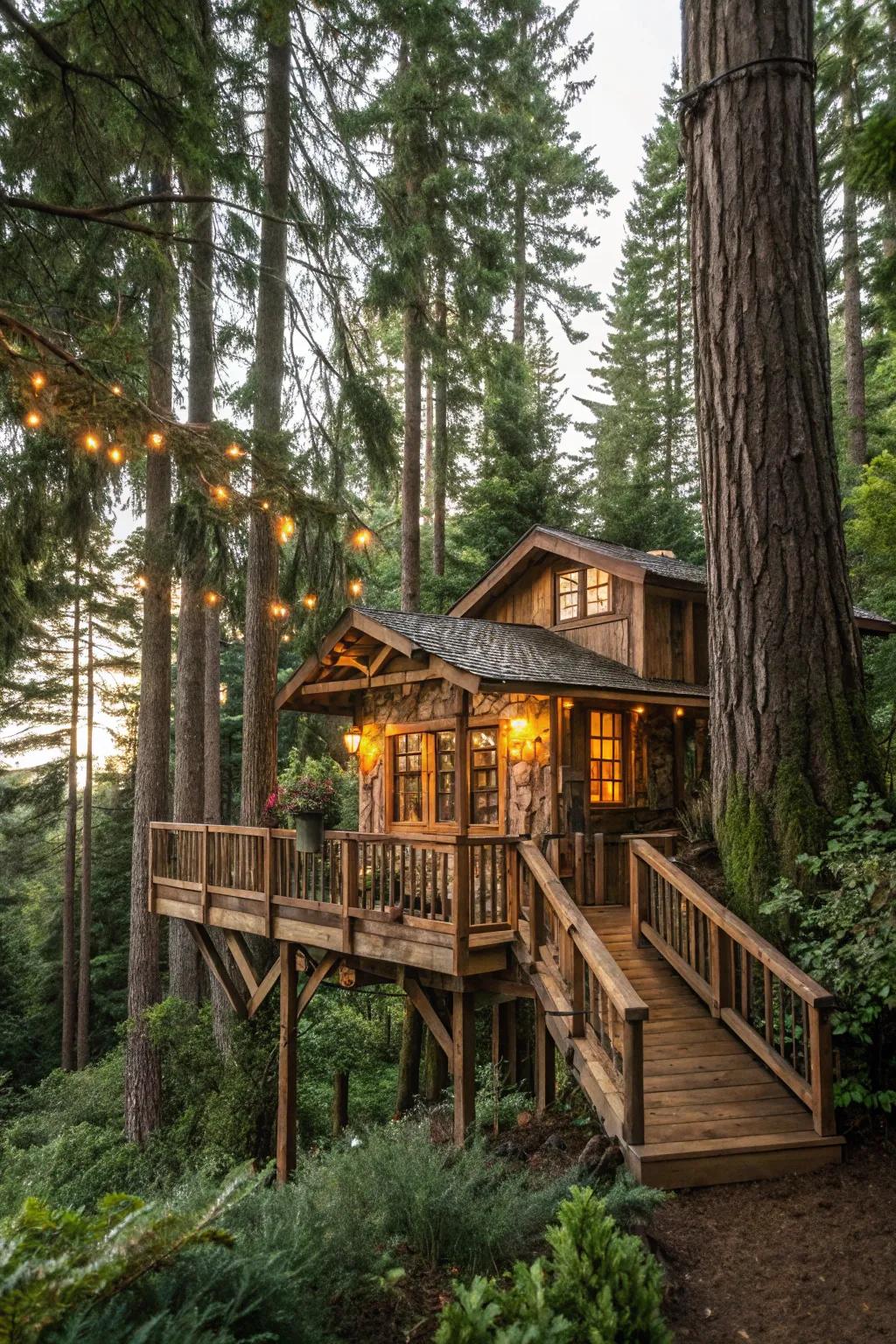An enchanting tree fort offering an adventurous, nature-linked lifestyle.