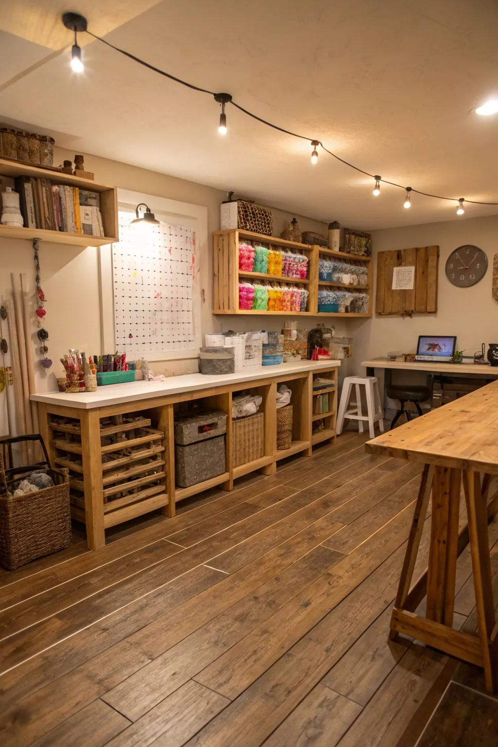Plywood planks are a rustic and economical flooring pick for creative spaces.