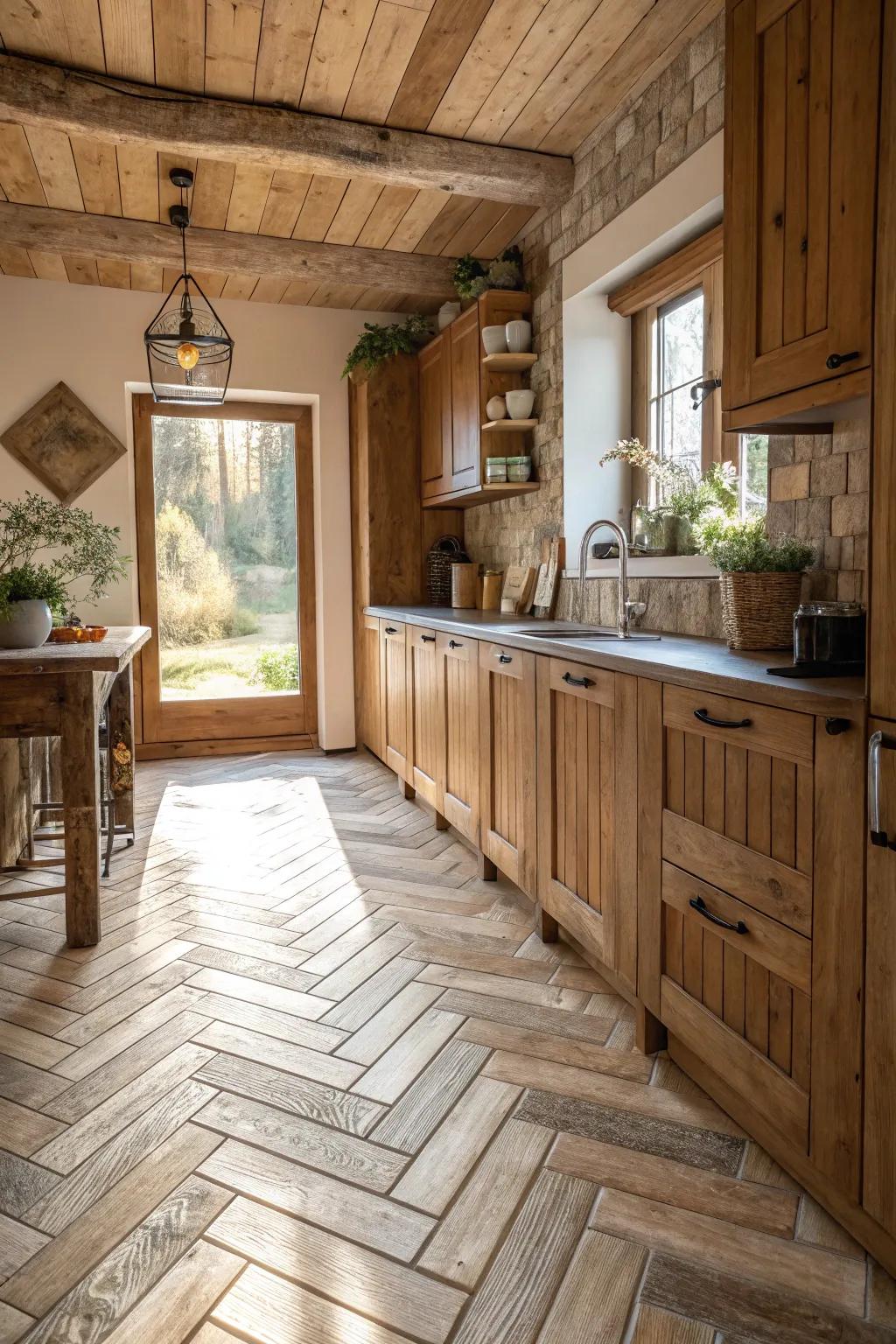 Timber-look herringbone tiles combine rustic charm with modern durability in this inviting kitchen.