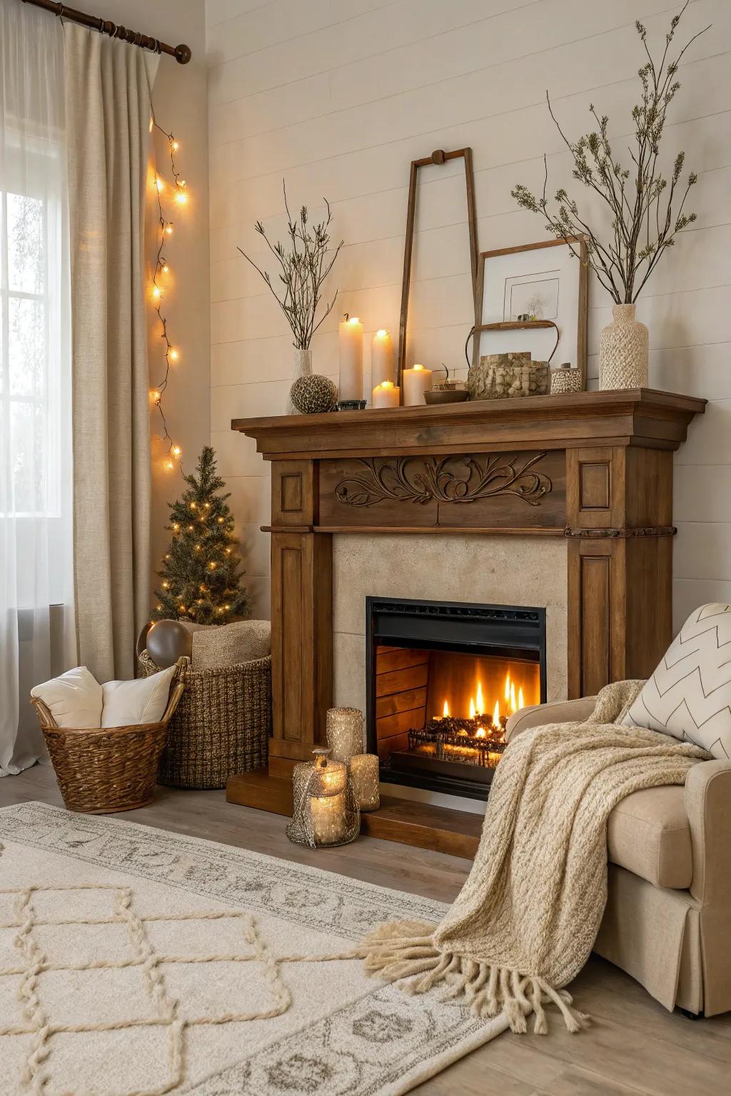 A neutral palette infuses sophistication and tranquility into the fireplace space.