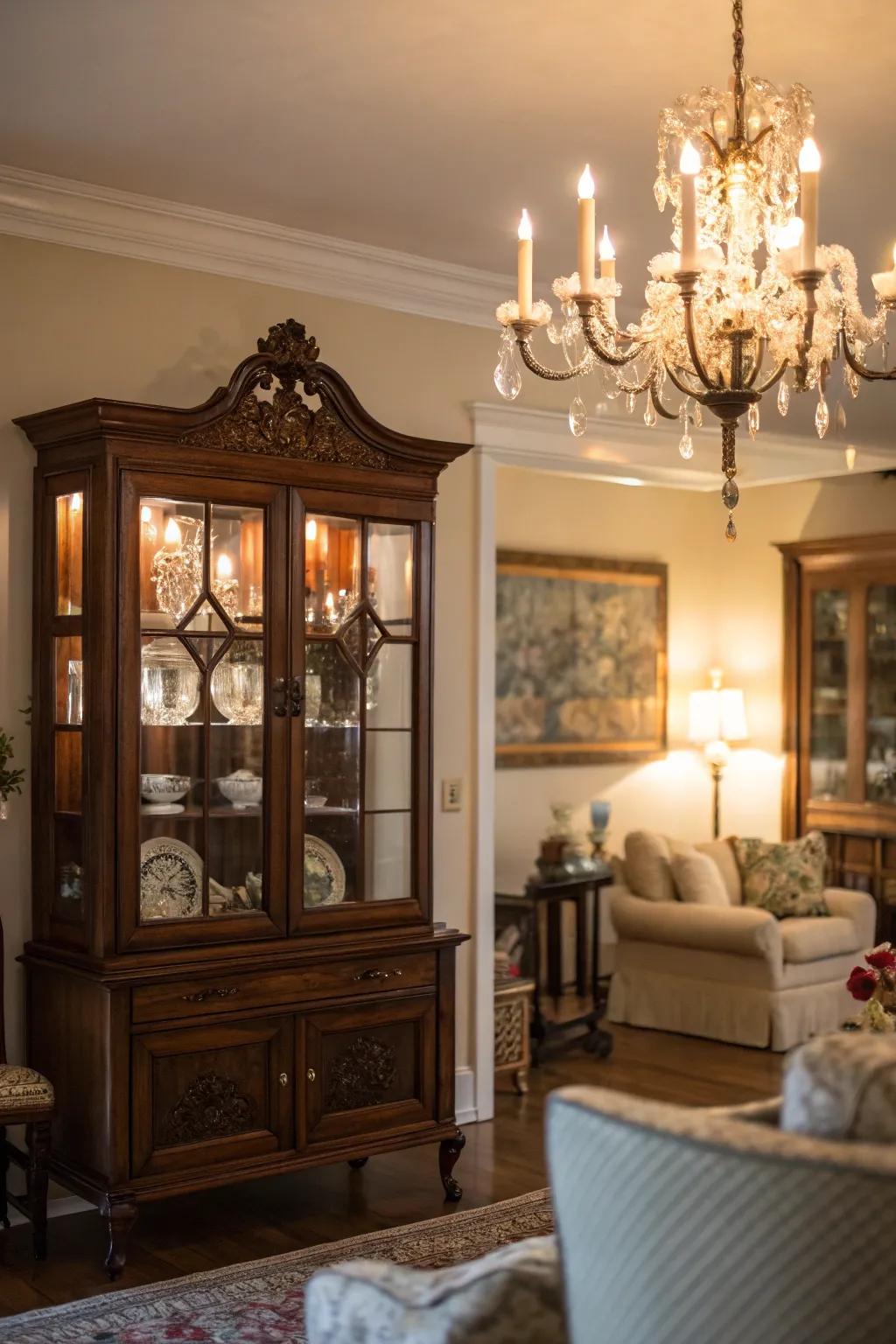 Ambient lighting spotlighting a china cabinet.