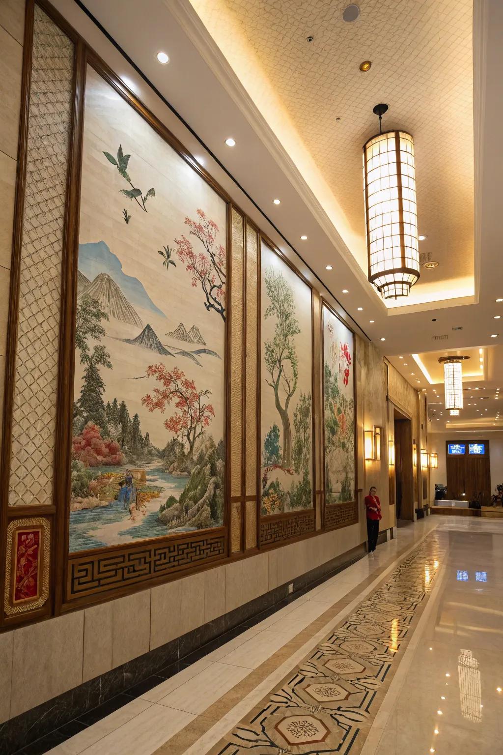 Artistic wall panels displaying traditional Oriental designs.