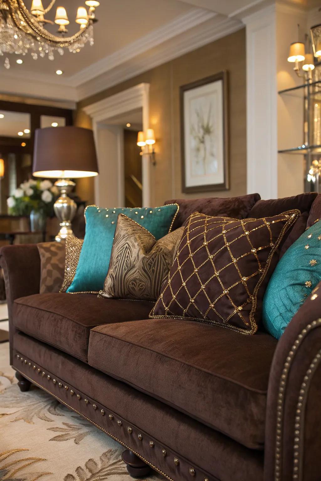 Precious gem shades add luxury and elegance to a cocoa sofa setup.