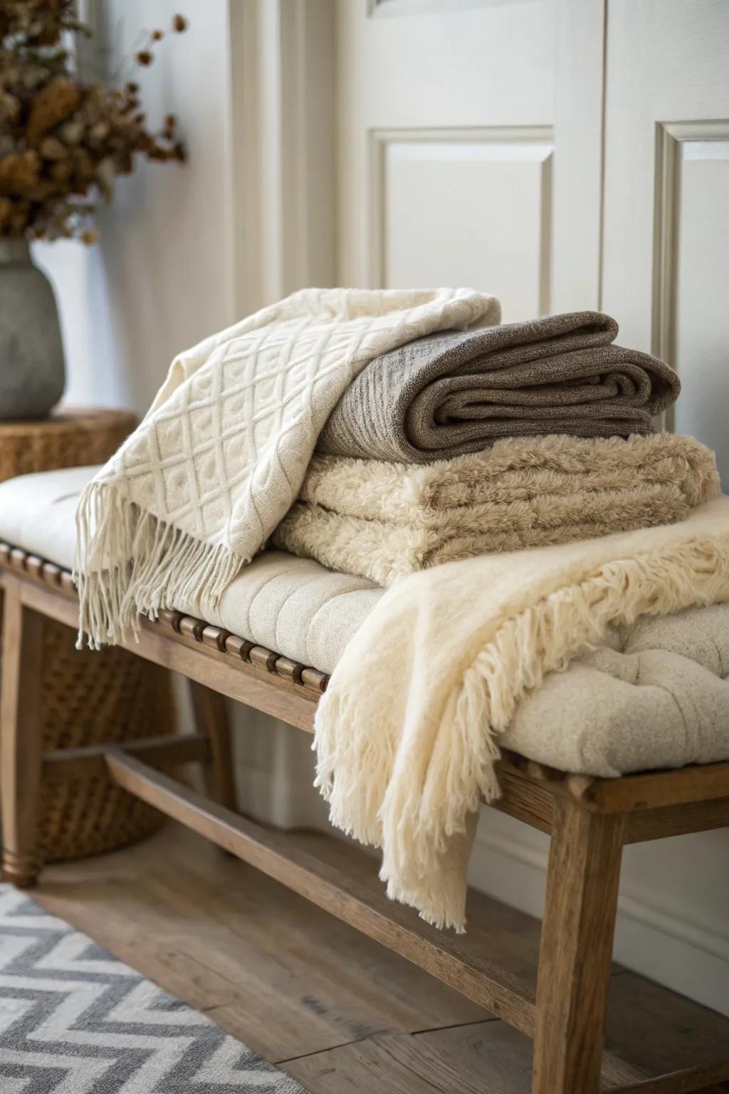 Textured throws contribute warmth and style to your bench.