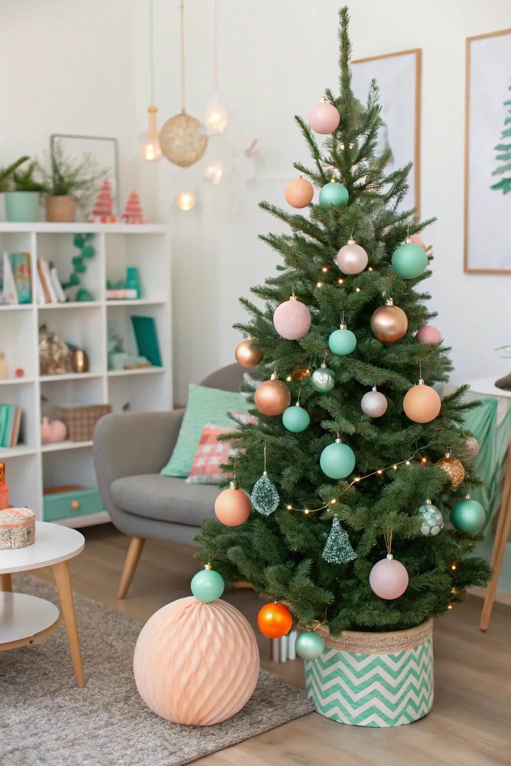 A playful Christmas with peach and mint verdant decorations.