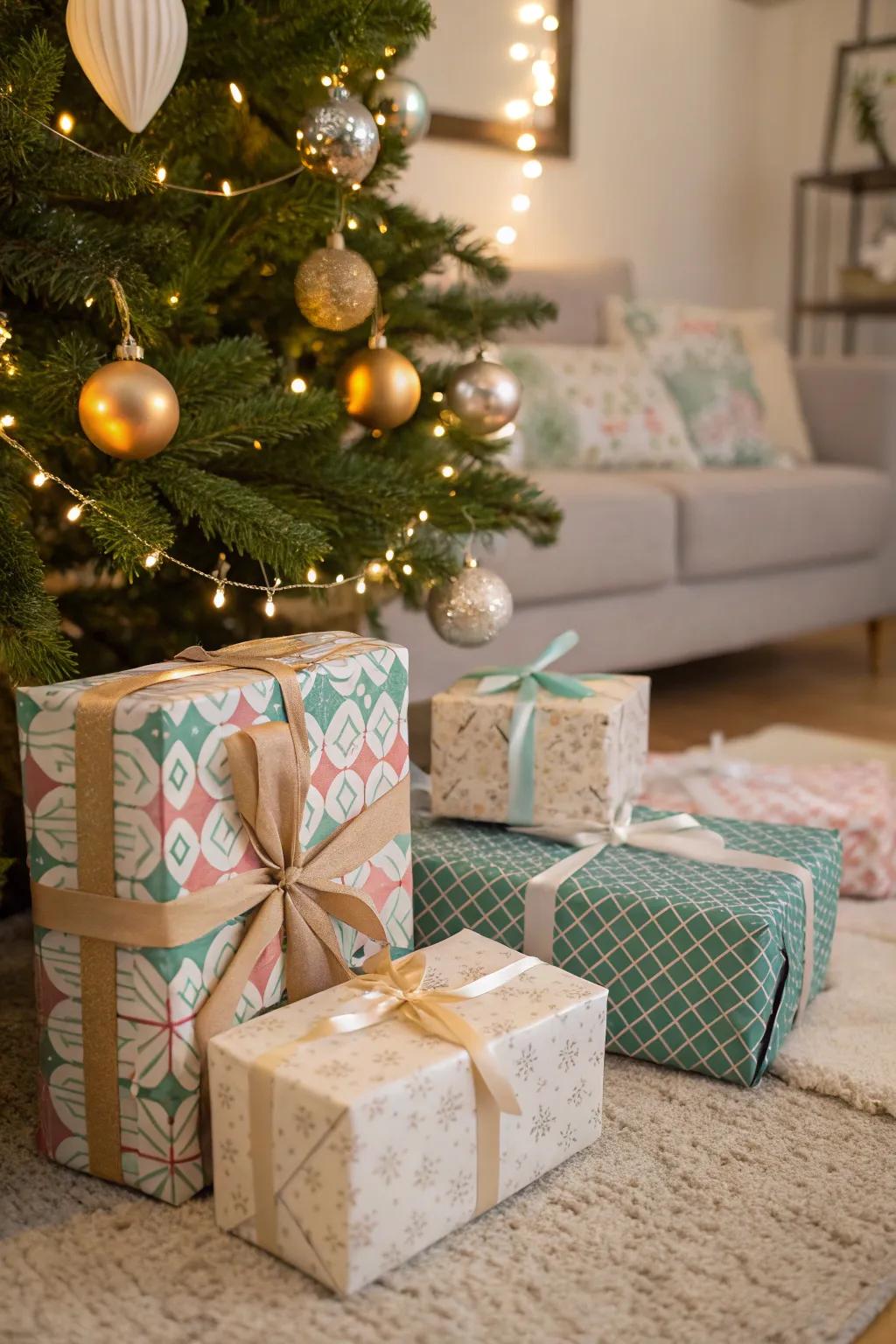 Elegantly wrapped gifts that enhance the festive atmosphere beneath the tree.