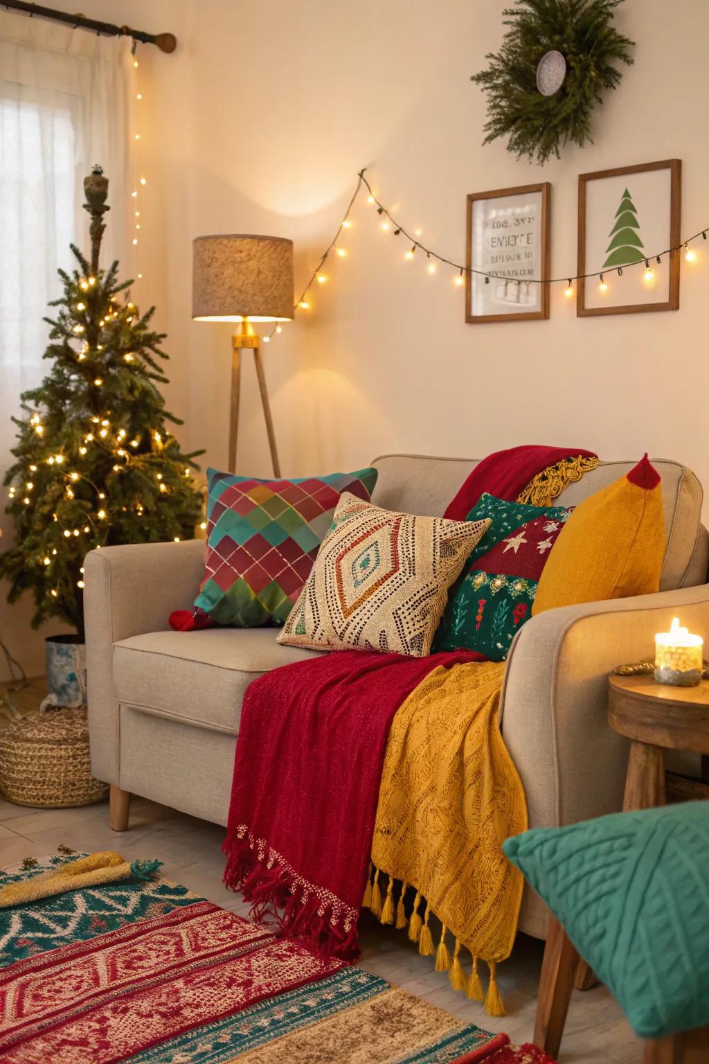 Striking holiday accents infuse every room with color and cheer.