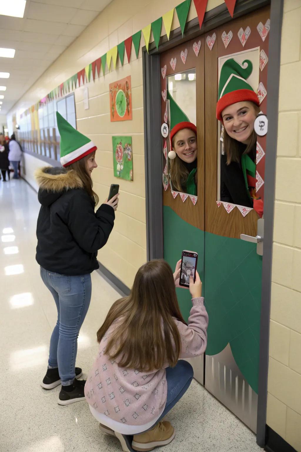 An elfie selfie station adds fun to this school door.