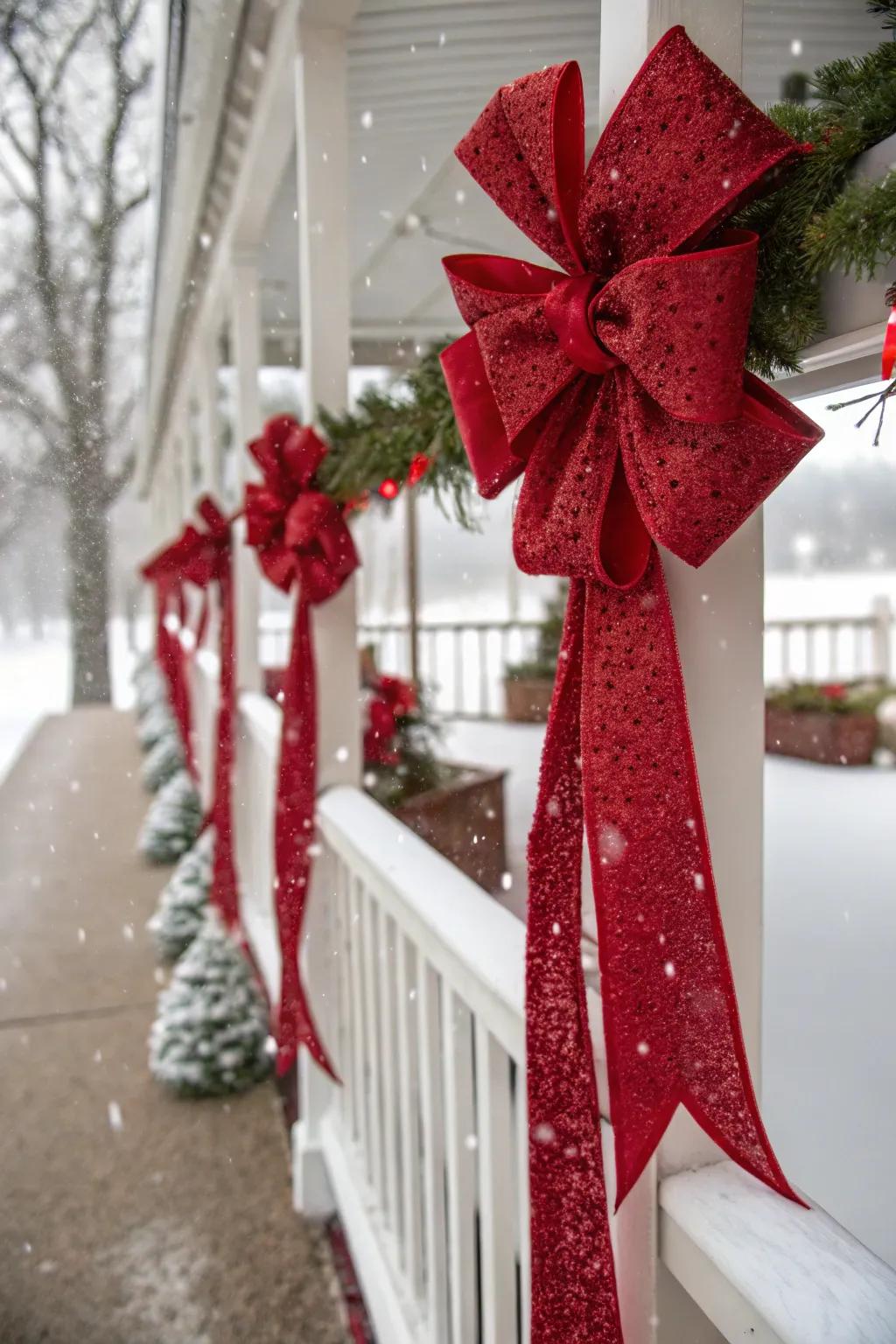 Crimson details adding bursts of color, enhancing the welcoming and festive atmosphere of the porch.