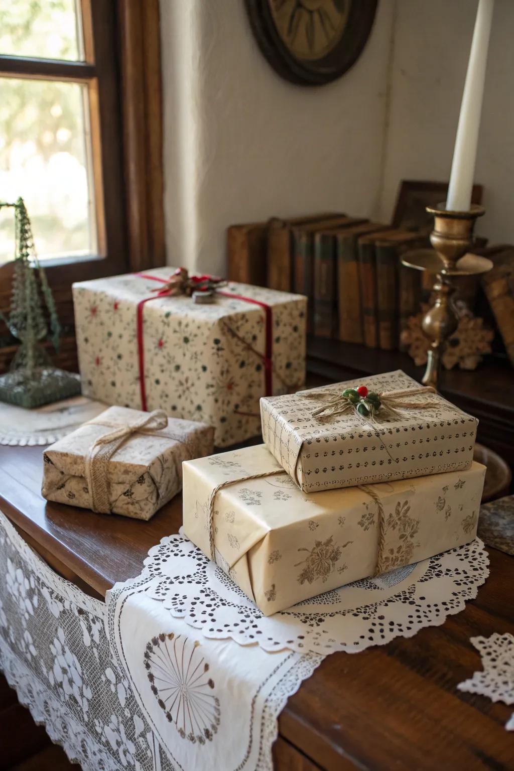 Gifts wrapped in retro-themed gift wrap for a nostalgic feel.