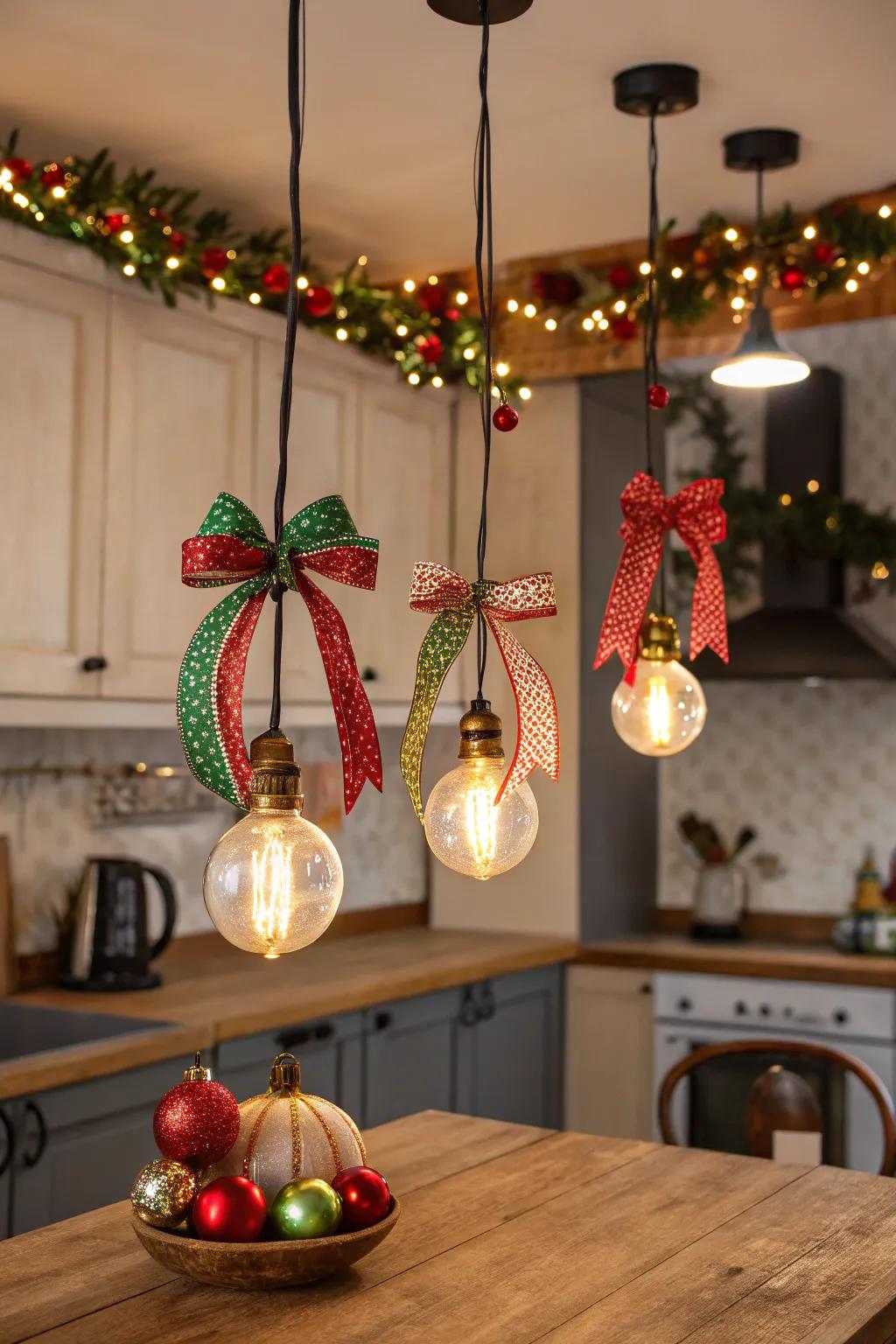 Celebratory pendant lights introduce a whimsical feel to the cooking area.