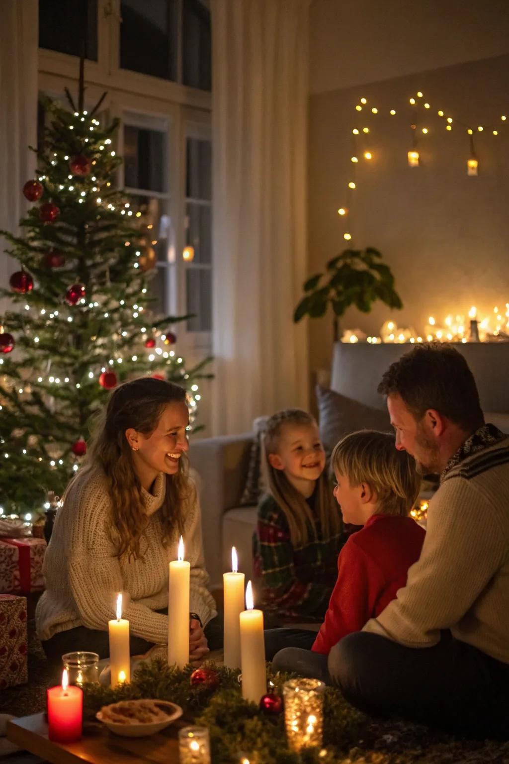 A family enjoying a peaceful moment in a candlelit room, surrounded by Christmas decorations.