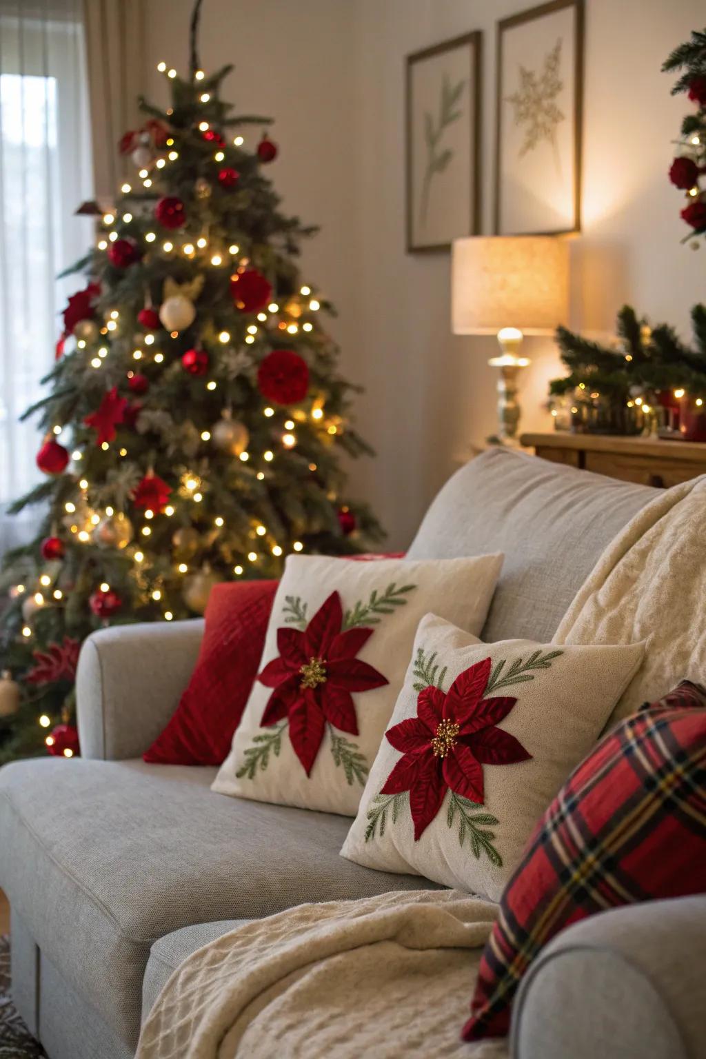 Felt poinsettias introducing natural sophistication to the ornamentation.