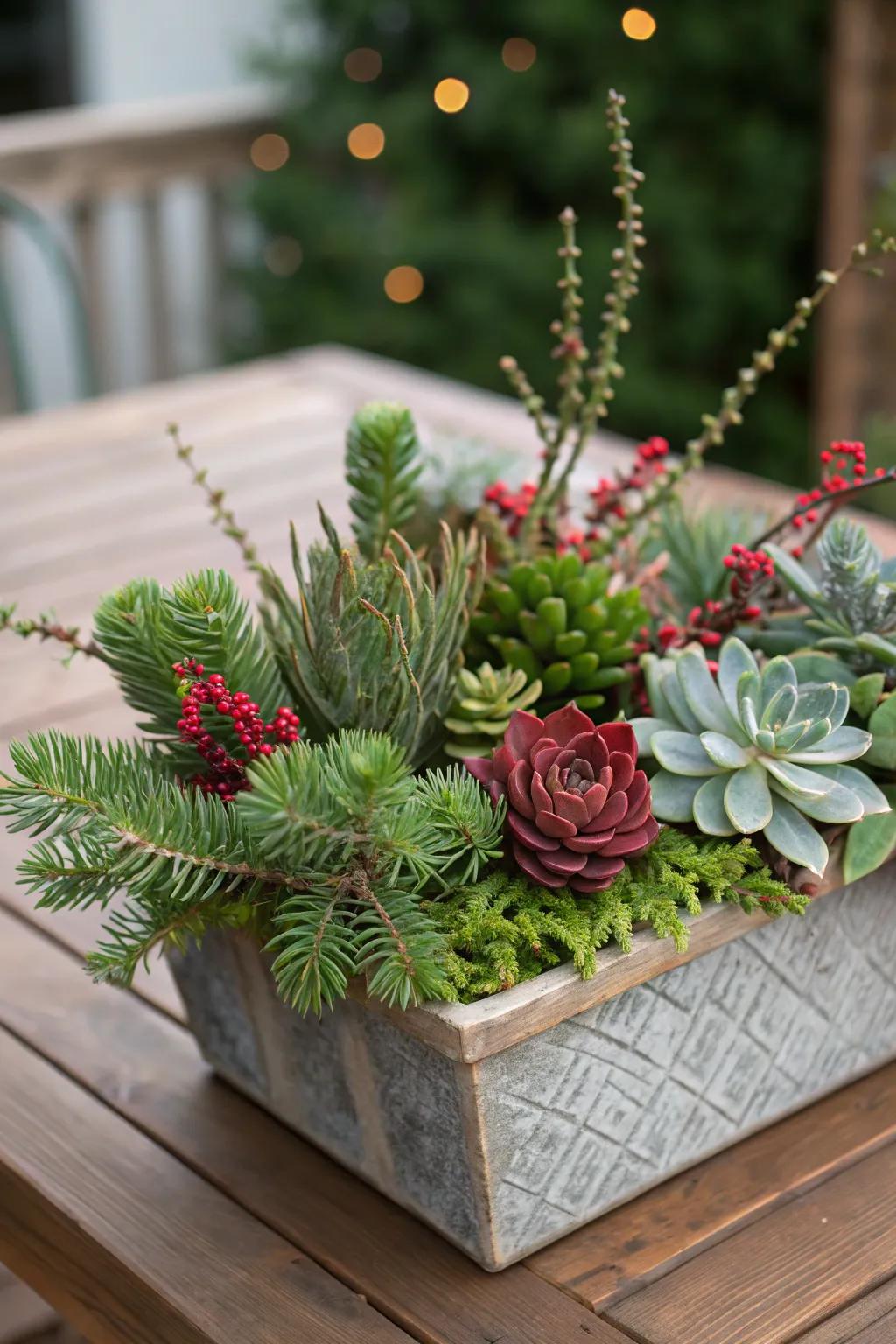 Succulents add an unexpected modern touch to festive arrangements.