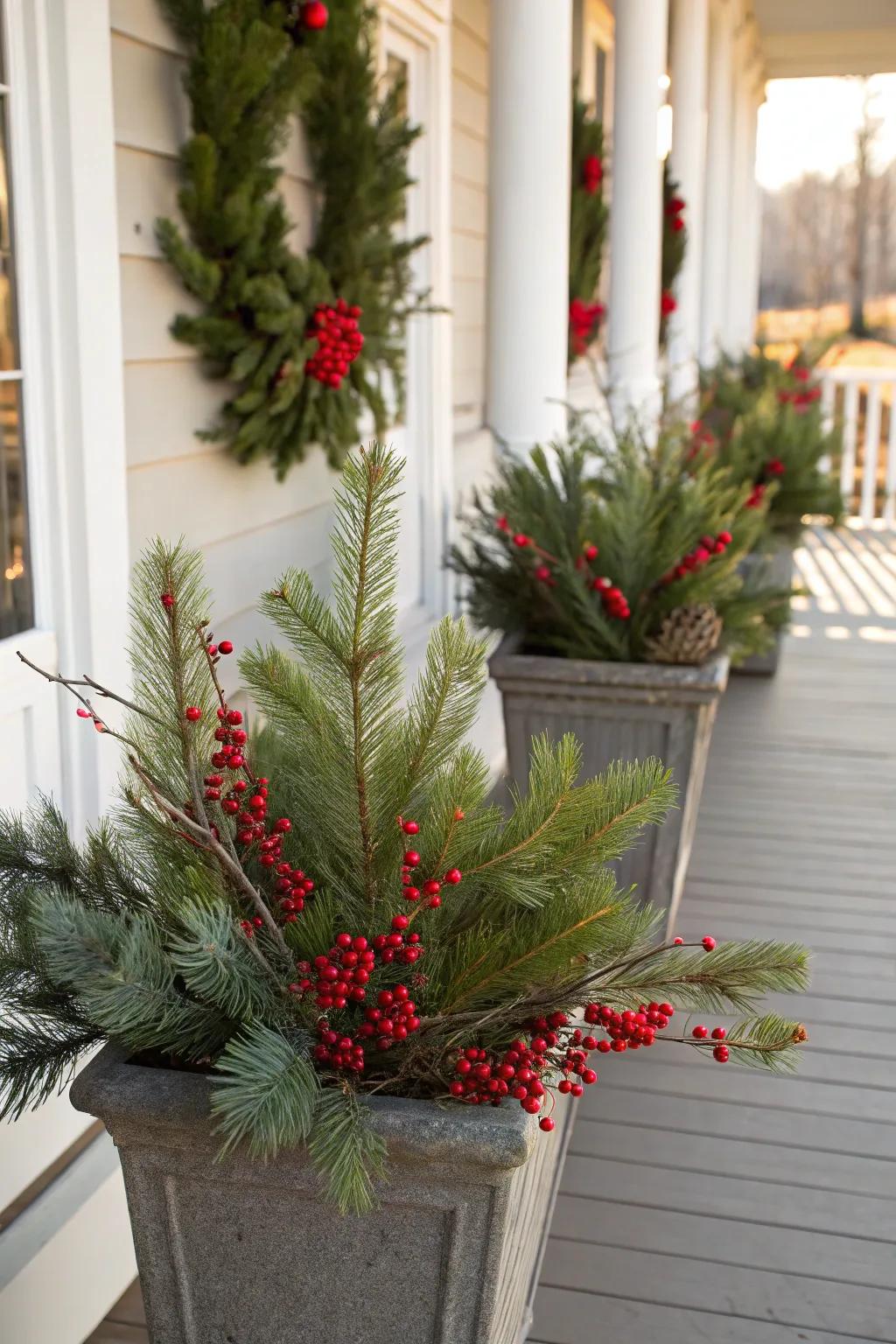 Containers brimming with evergreen and berries that exude a classically festive vibe.