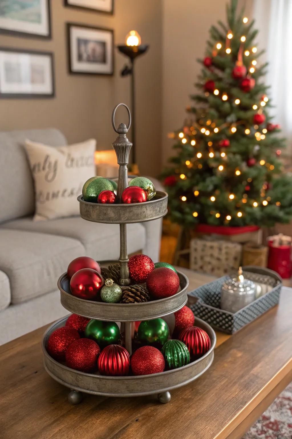 Classic crimson and verdant make for a joyful tiered stand display.
