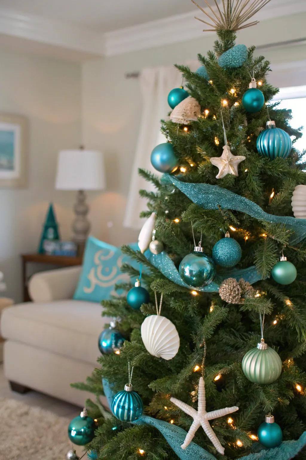 A seaside-inspired Christmas tree conveying the seaside residence.