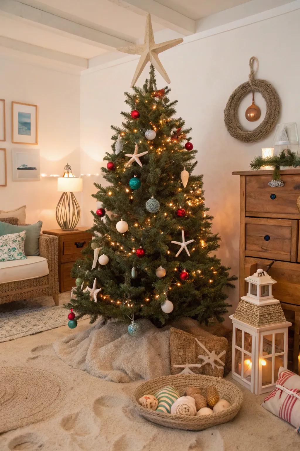 A refreshing Christmas tree featuring coastal-themed ornaments and colorful lights, evoking a seaside holiday feel.