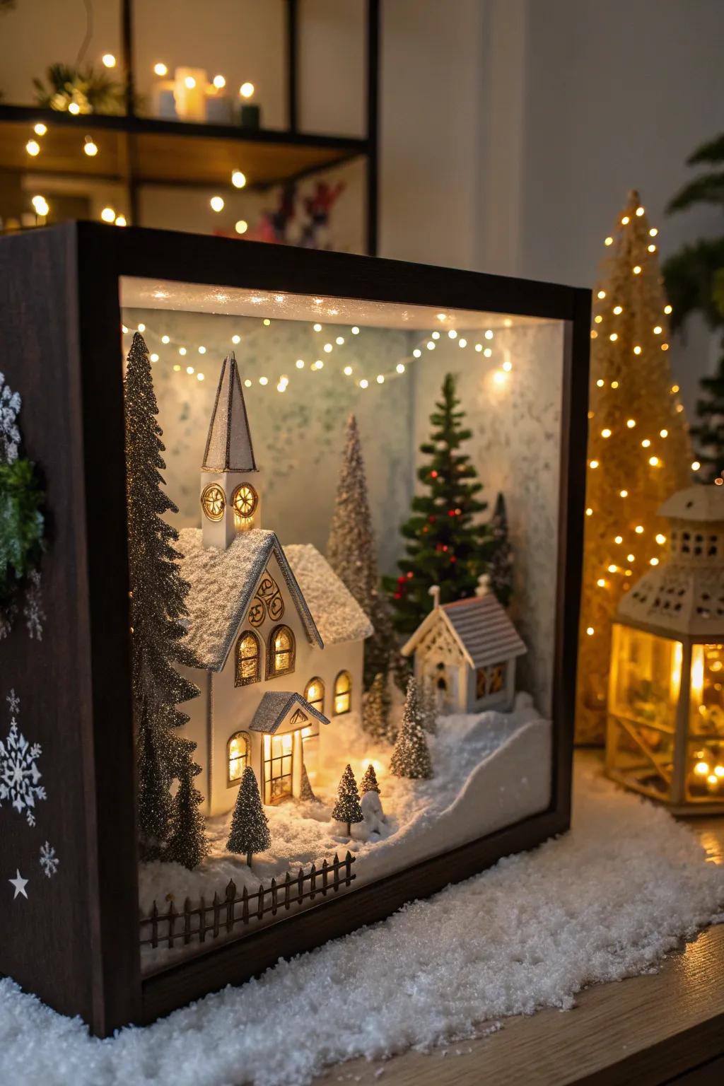 A shadow box turns a Christmas village into a stunning piece of art.