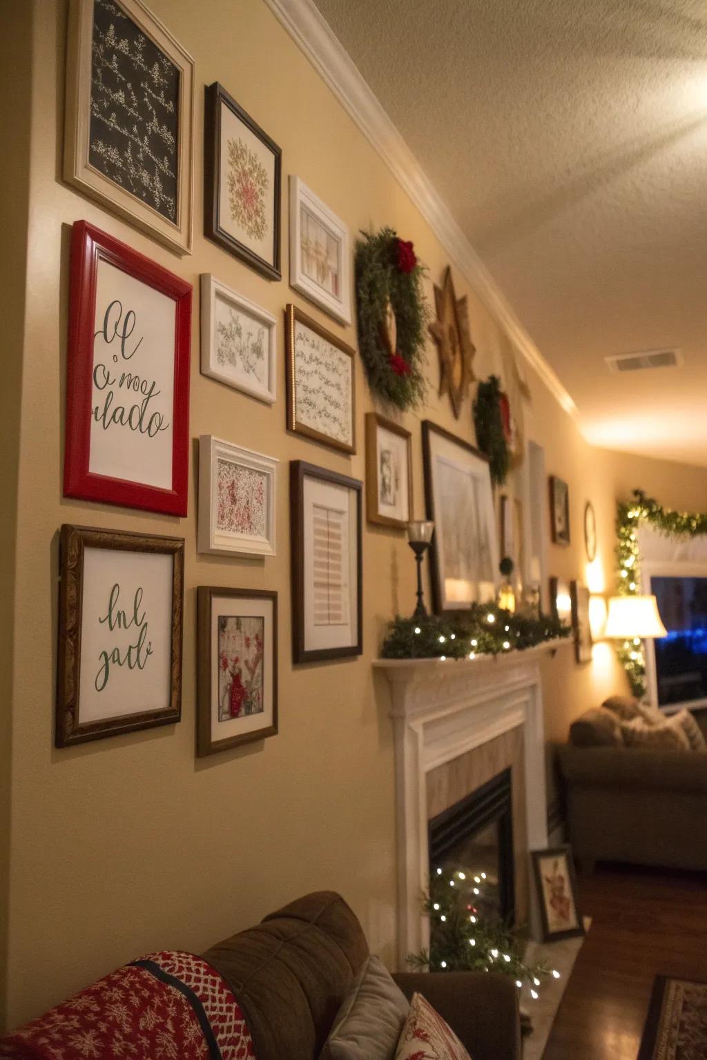 Framed holiday quotes add a personal touch to the decor.