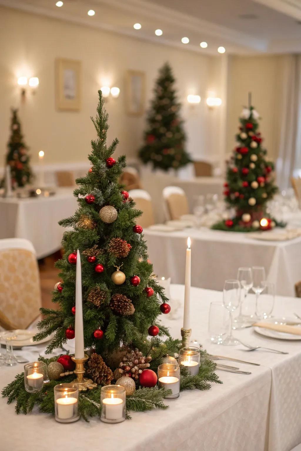 Scaled-down pines contribute a fanciful Yuletide sentiment.