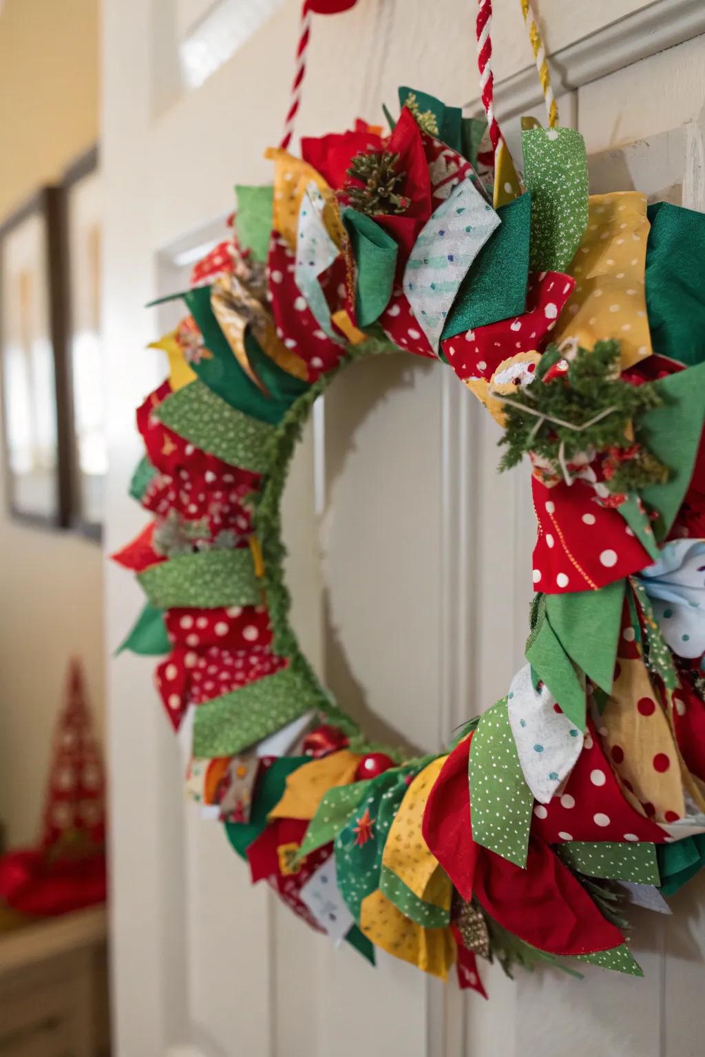A homemade textile wreath fashioned from assorted holiday textiles.