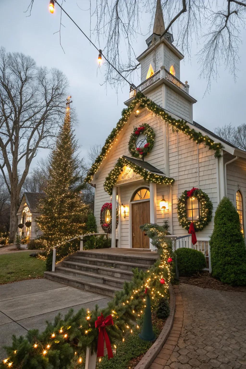 Church adorned with seasonal wreaths and garlands.