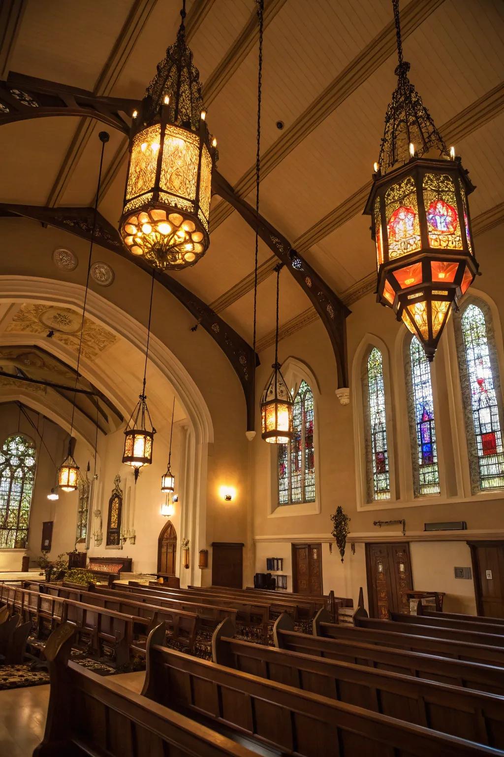 Decorative pendant lights add charm and elegance.